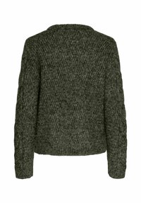 Tume roheline sviiter, mis on valmistatud tekstureeritud kudumist, omades nööride kudumise aktsente varrukatel ja ümmargust kaelust. Tagantvaade näitab lühikest pitu.