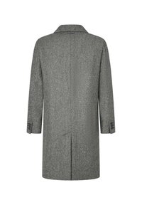 Abrigo gris de espiga con un corte ajustado, cuello con muesca y mangas largas con puños abotonados. Textura de lana suave, diseño minimalista.