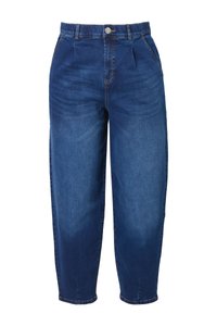 Modré džíny s vysokým pasem, zužující se dolů, s záhyby vpředu, předními kapsami, zapínáním na knoflíky a mírně zkrácenými nohavicemi.