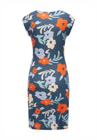 Blumenmusterkleid in Marineblau mit kurzen Ärmeln, ausgestattet mit roten, hellblauen und cremefarbenen Blumen, taillierte Form und weichem Stoffgefühl.