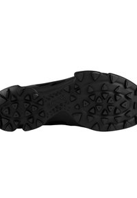 Black sneaker sole with rugged, multi-directional tread pattern. Material appears rubbery with raised traction elements and branding.