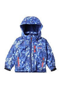 Veste à capuche bleue avec un motif, présentant un mélange de designs abstraits en blanc et rouge. Elle possède une fermeture éclair à l'avant et deux poches latérales.