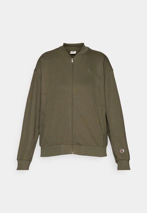 Olive green zip-up sweatshirt, made of soft fabric, featuring a stand collar, two side pockets, and a small logo on the chest.