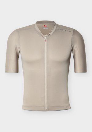 Μπεζ κοντομάνικη φανέλα ποδηλασίας με φερμουάρ στο μπροστινό μέρος και το λογότυπο "Castelli" στον ώμο και τον γιακά.