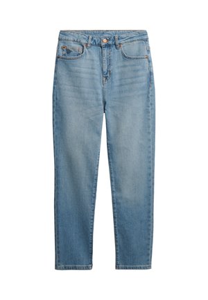 Lichtblauwe high-waisted spijkerbroek van denim. Heeft een knoopsluiting, twee voortassen en een recht model met minimale vervaging.