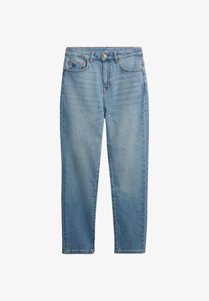 Jasnoniebieskie dżinsy z wysokim stanem wykonane z denimu. Posiadają zapięcie na guzik, dwie przednie kieszenie oraz prosty krój nogawki z minimalnym wyblaknięciem.