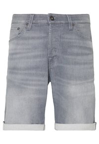 Shorts de mezclilla gris claro con puños enrollados, cinco bolsillos y cierre frontal con botón. Presentan una textura desvaída y detalles de costura.