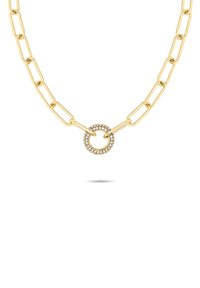 Halsband i guldton med förlängda länkar och en cirkulär hänge prydd med små klara rhinestones.