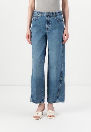 Light blue wide-leg jeans with a high waist, featuring front pockets, a button fly, and slight fading at the seams. Worn with cream mules.
