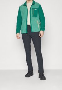 Zelená fleece bunda se zipem vpředu, bočními kapsami a kapsou na hrudi; spárovaná s tmavými kalhotami a černými botami.