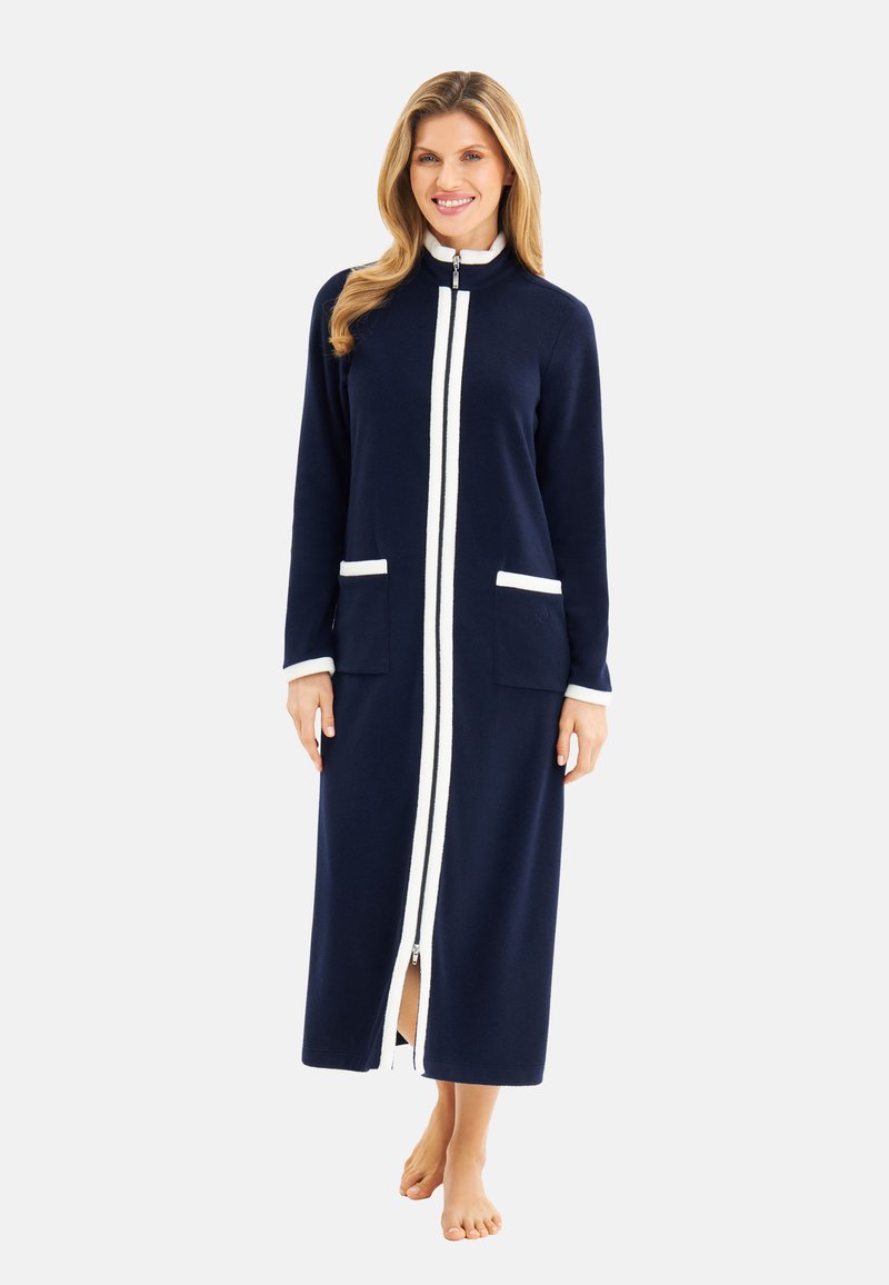 Navy zip-front robe with white accent stripes, long sleeves, two front pockets, and a mid-calf length, made from soft fabric.