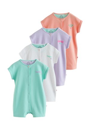 Négy rövid ujjú baba overál pasztell színekben (menta, fehér rózsaszín pöttyökkel, levendula, őszibarack), gombos elülső résszel és hímzett szavakkal.