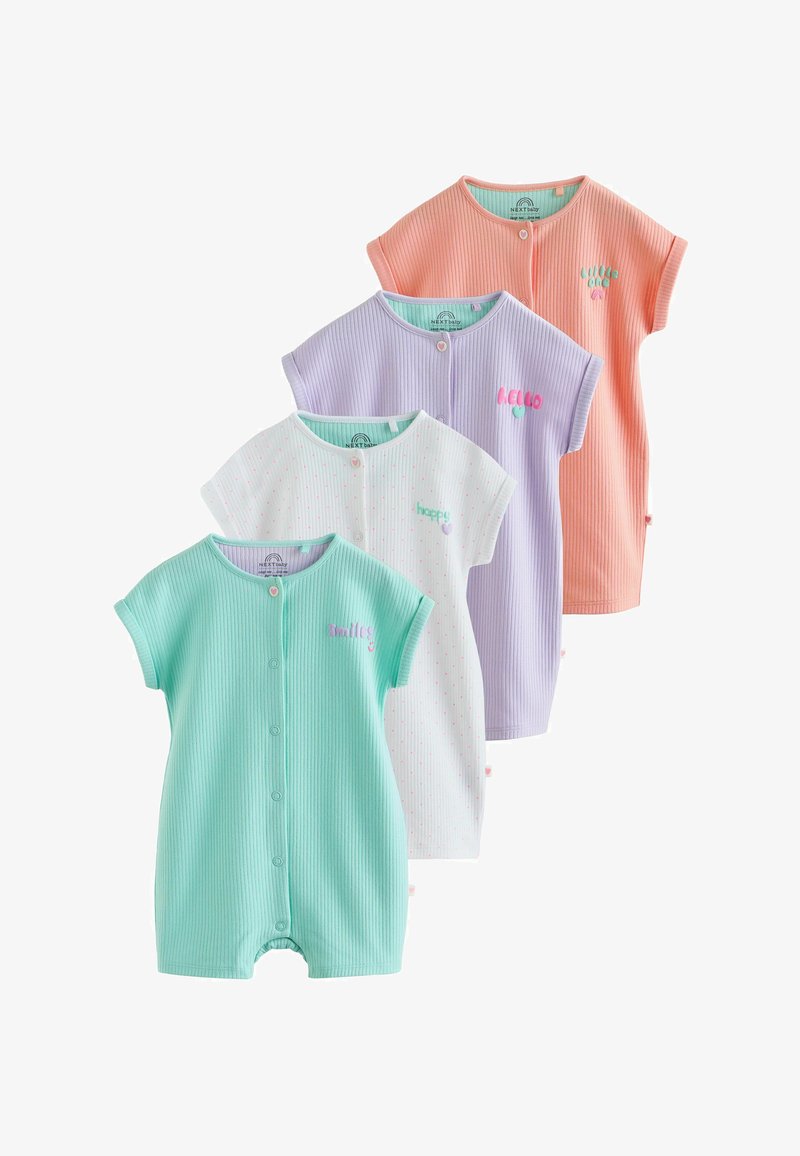 Quatre grenouillères manches courtes pour bébé dans des couleurs pastel (menthe, blanc à pois roses, lavande, pêche) avec boutons à l'avant et mots brodés.