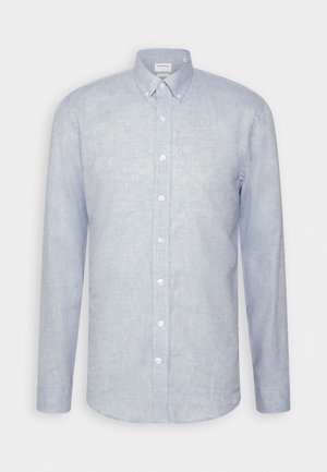 Camicia azzurra chiara a maniche lunghe in lino. Presenta un colletto button-down, una parte anteriore con bottoni e un orlo arrotondato.