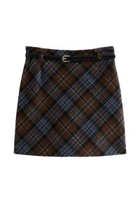Jupe à carreaux marron en tissu avec des accents bleus et noirs, dotée d'une ceinture noire avec une boucle en or. Design droit.
