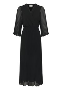 Čierne šaty s obaleným výstrihom do V, plisovanou sukňou a priesvitnými dlhými rukávmi. Mäkka látka s texturovanými akcentmi na živôtiku a rukávoch.