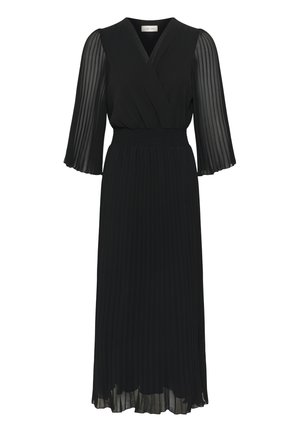 Zwarte jurk met een wikkel-v-halslijn, geplooide rok en sheer lange mouwen. Zachte stof met textuurelementen op het lijfje en de mouwen.
