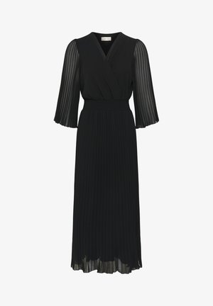 Zwarte jurk met een wikkel-v-halslijn, geplooide rok en sheer lange mouwen. Zachte stof met textuurelementen op het lijfje en de mouwen.