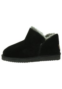 Botas de tobillo de ante negro con forro de piel de color gris y suela de goma texturizada. Presentan un diseño cosido y un pequeño logo en el talón.