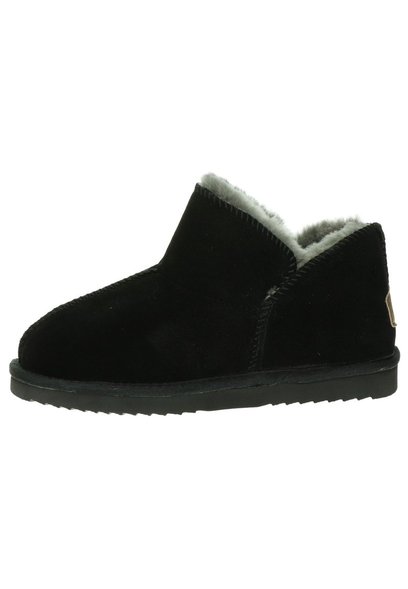 Botas de tobillo de ante negro con forro de piel de color gris y suela de goma texturizada. Presentan un diseño cosido y un pequeño logo en el talón.
