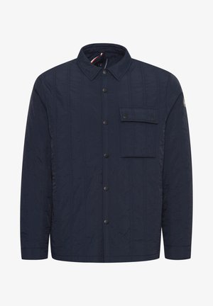 Navy quilted jacket featuring a button-up front, collar, and a single chest pocket with snap closure. Textured fabric and horizontal stitching.