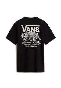 Camiseta de algodón negra con un gráfico blanco de un tigre y el texto "VANS OFF THE WALL" en la parte posterior. Mangas cortas; corte estándar.