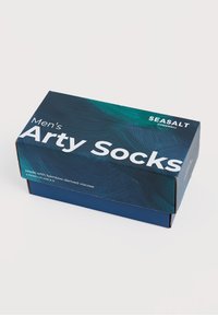 Cutie albastră pentru șosete bărbătești cu modele verzi care se învârt. Textul include "Șosete Arty pentru Bărbați" și indică faptul că materialul este derivat din vâsc de bambus.