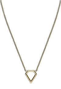 Gouden halsketting met een driehoekige hanger met een open midden, bevestigd aan een delicate ketting met een gestructureerd ontwerp.