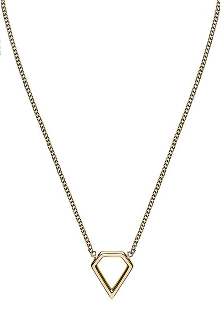 Gouden halsketting met een driehoekige hanger met een open midden, bevestigd aan een delicate ketting met een gestructureerd ontwerp.