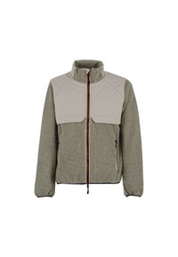 Giacca in fleece con pannello superiore beige e parte inferiore texturizzata verde oliva. Presenta un collo alto, zip frontale e tasche laterali.