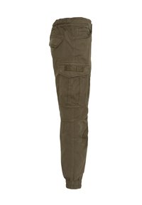 Pantalones cargo de color verde oliva con una cintura elástica, puños ajustados, múltiples bolsillos y material de mezcla de algodón texturizado. Branding de Schott NYC visible.