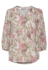 Blumenbluse mit V-Ausschnitt, 3/4-Ärmeln und lockerer Passform. Die Farben umfassen Rosa, Grün und Creme mit einem gemischten Blumenmuster.