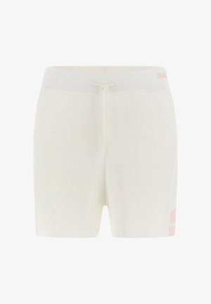 Shorts blancs décontractés avec une ceinture élastique et un cordon de serrage, ornés d'un discret logo rose sur la partie inférieure gauche de la jambe.