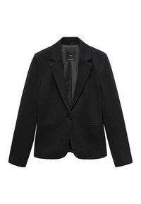 Blazer noir en tissu texturé avec une fermeture à un bouton, des revers en cranté et deux poches avant. Doublure intérieure lisse.