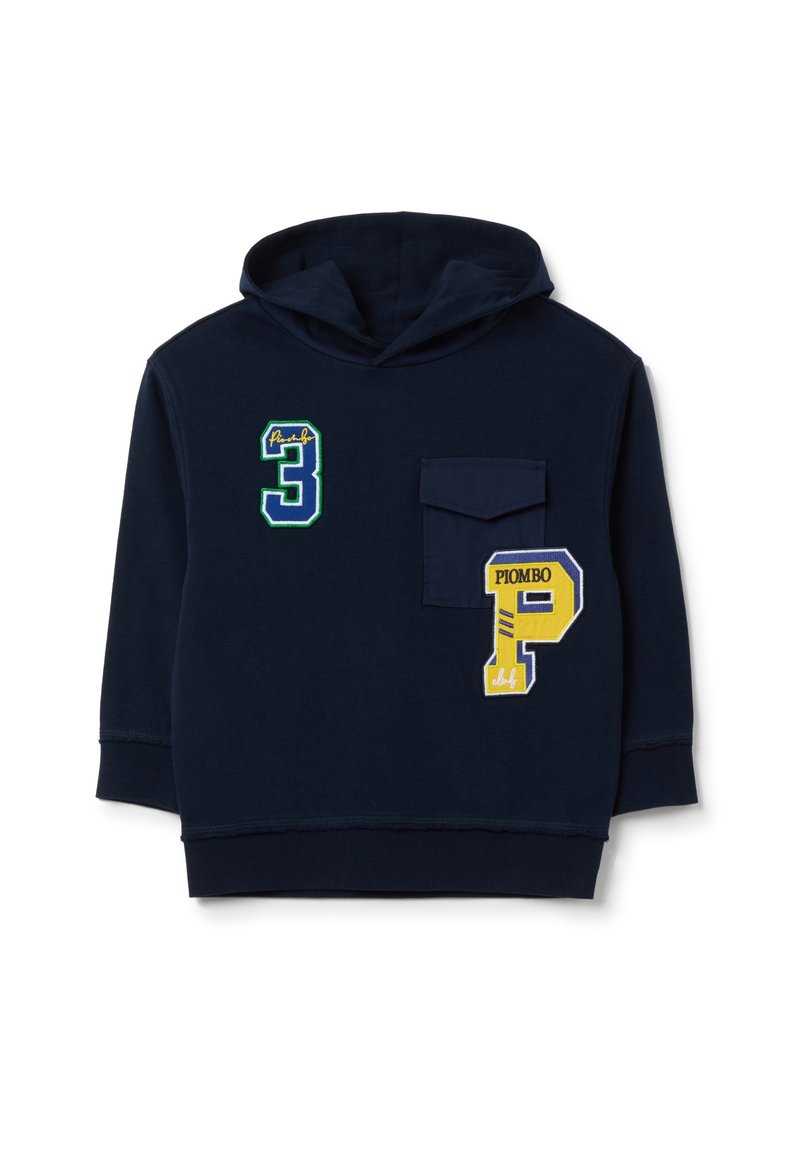 Navy blue hooded sweatshirt made of soft fabric. Features embroidered numbers "3" and "P" with a chest pocket and vibrant accents.