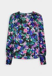 Blouse noire à manches longues avec un motif floral multicolore en bleu, rose, vert et violet, avec un col rond et des manches à poignets.