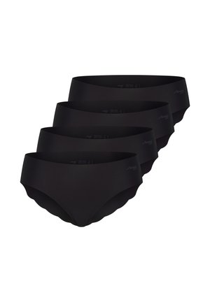 Vier schwarze nahtlose Damen-Slips mit einem glatten Bund und einem gewellten Beinabschluss, übereinandergestapelt angeordnet.