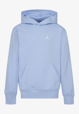 Sudadera azul claro de tejido suave, con un bolsillo canguro, puños acanalados y un logotipo blanco de Jordan en el pecho.