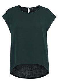 Blusa corta verde scuro a maniche corte, realizzata in tessuto liscio, con scollo rotondo e dettaglio a occhiello sulla schiena, con orlo asimmetrico.
