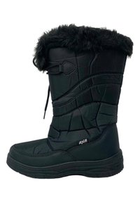Stivale invernale nero con design imbottito, bordatura in faux fur, punta rotonda e suola in gomma, dotato di un sistema di lacci per una vestibilità regolabile.