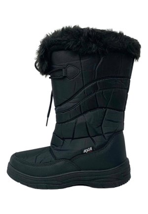 Stivale invernale nero con design imbottito, bordatura in faux fur, punta rotonda e suola in gomma, dotato di un sistema di lacci per una vestibilità regolabile.
