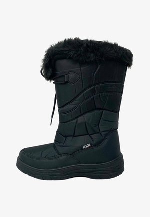 Stivale invernale nero con design imbottito, bordatura in faux fur, punta rotonda e suola in gomma, dotato di un sistema di lacci per una vestibilità regolabile.