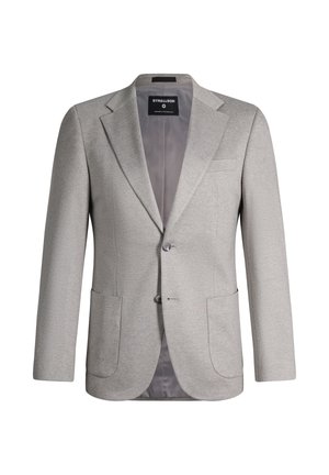Blazer da uomo sartoriale grigio chiaro con rever a incavo, due tasche applicate frontali, chiusura con singolo bottone e etichetta interna di marca.