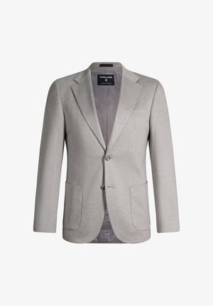 Blazer da uomo sartoriale grigio chiaro con rever a incavo, due tasche applicate frontali, chiusura con singolo bottone e etichetta interna di marca.