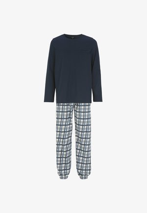 Marineblå langærmet top med en brystlomme, parret med mønstrede hvide og marineblå ternede bukser med elastiske manchetter ved anklerne.