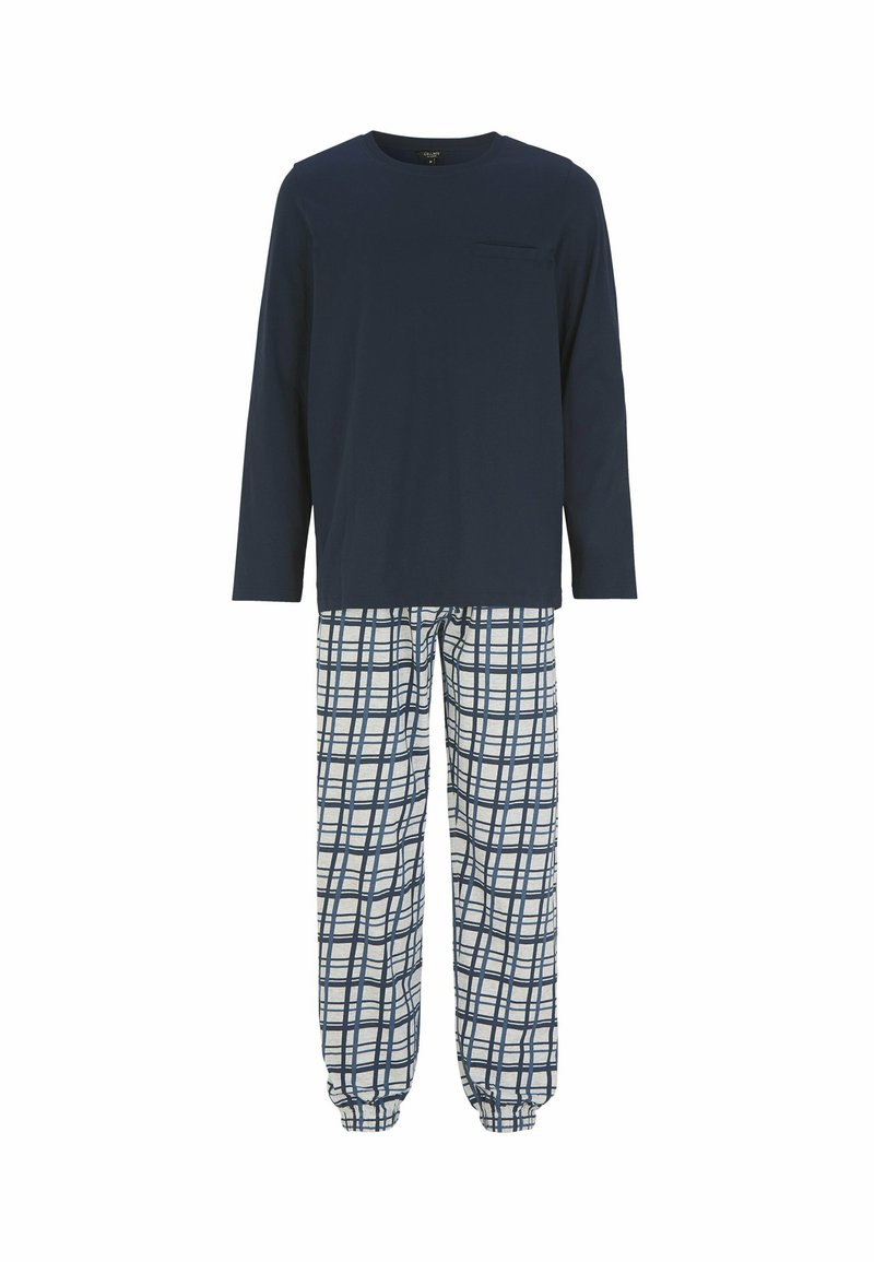 Marineblauw lange mouw top met een borstzak, gecombineerd met wit en marineblauw geruite broek met elastische boorden bij de enkels.