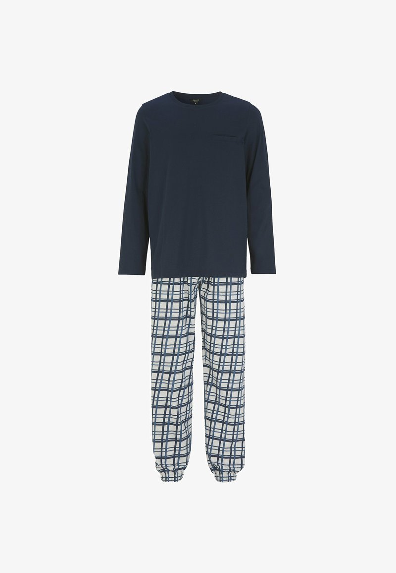 Marineblauw lange mouw top met een borstzak, gecombineerd met wit en marineblauw geruite broek met elastische boorden bij de enkels.