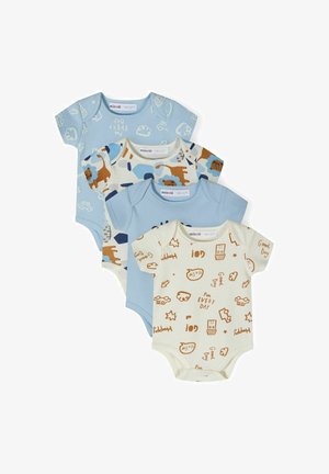 Lot de trois bodies pour bébé avec des manches courtes. Couleurs : bleu clair, crème, et un mélange à motifs de bleu, marron et crème. Matière en coton doux.