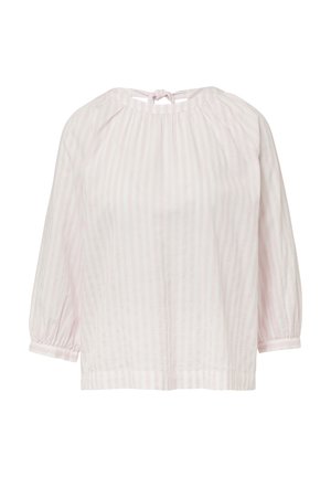 Hellt pink gestreifte Bluse mit dreiviertellangen Puffärmeln, elastischen Bündchen und einem Bindebandverschluss auf der Rückseite. Glattes, leichtes Material.