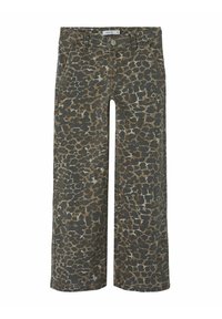 Pantalons larges en imprimé léopard dans des tonalités de terre atténuées, avec une fermeture à bouton et des poches avant, réalisés en tissu en mélange de coton durable.